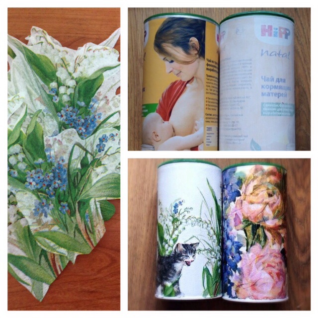 Декупаж - тренировка на баночке из-под чая Hipp