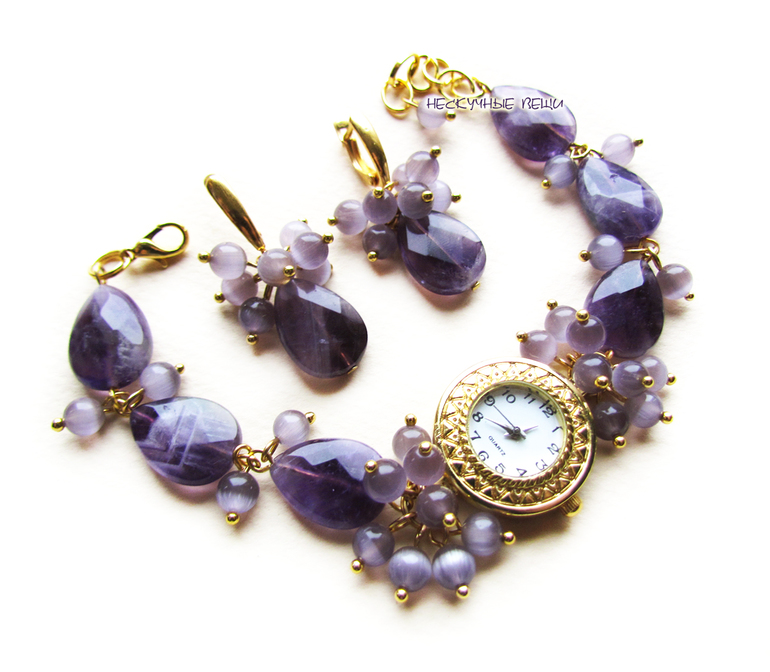 "Аметистовые капли" комплект (часы и серьги) с аметистом