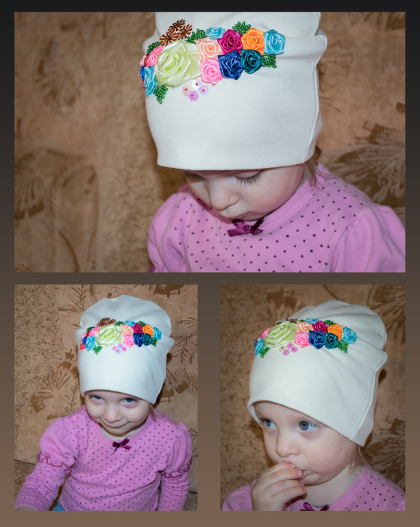Мои шапочки с использованием атласных лент!