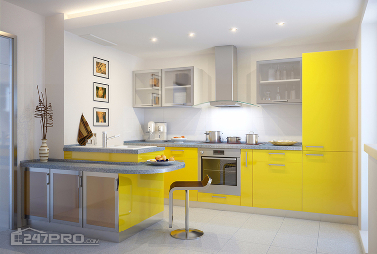 Желто серый интерьер кухни