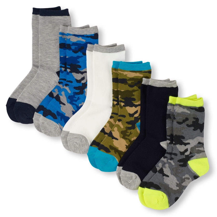 Boys Camo Print And Solid Crew Socks 6-Pack