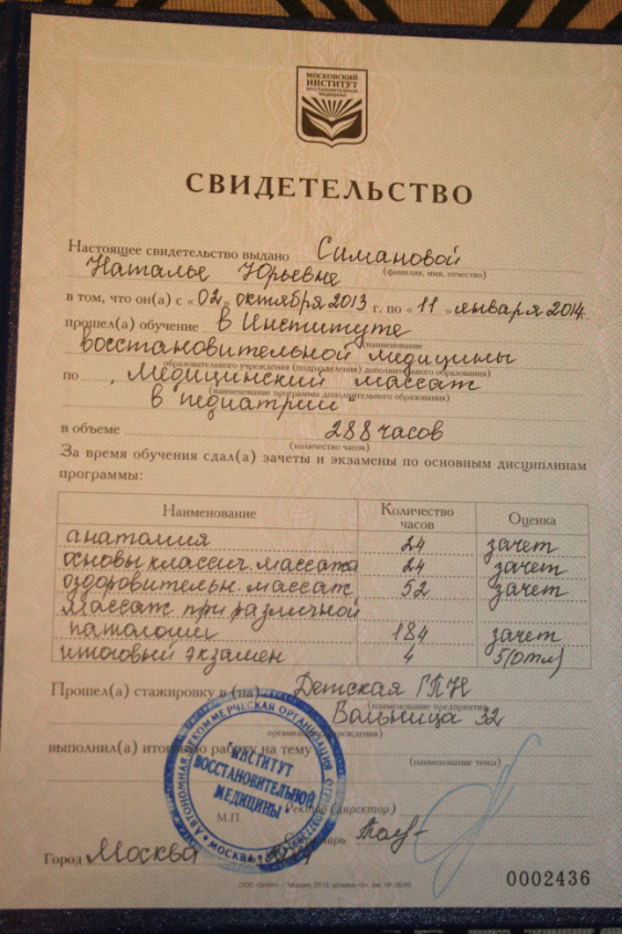 2014 г. Московский институт восстановительной медицины. Медицинский массаж в педиатрии.
