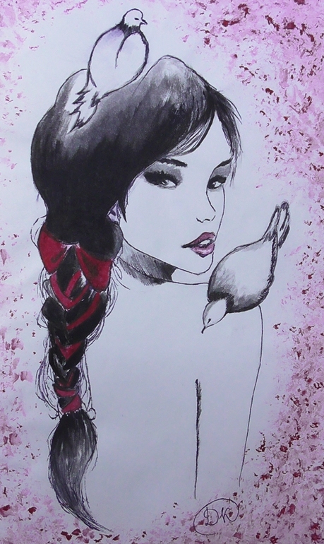 Девушка и голуби. Рисование