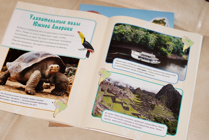 Книга о животных и маленькие географические атласы.