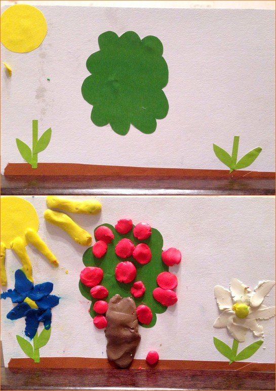 Элементарный пластилин -дерево,солнышко..