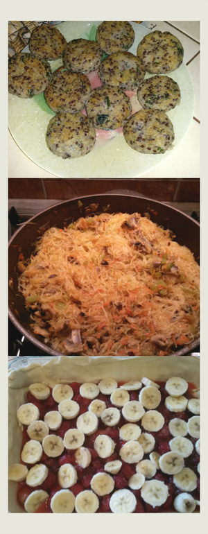 Котлетки из киноа, фунчеза с грибами и клубнично-банананово-шоколадный пирог на десерт