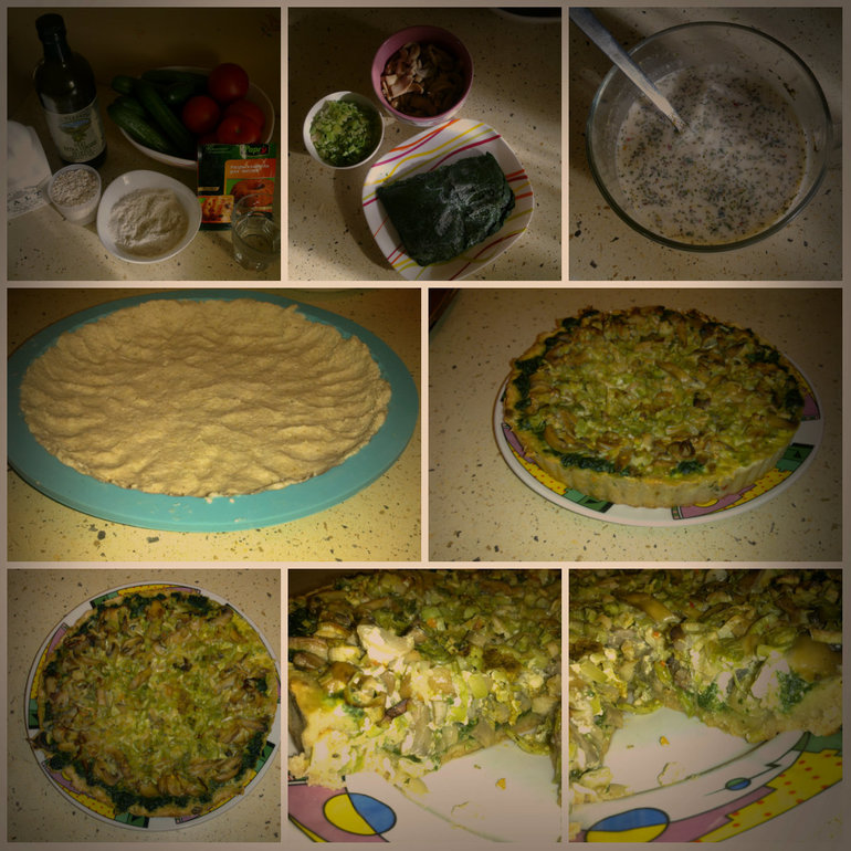 Киш с шпинатом и грибами;с расчетом БЖУ и Ккал))