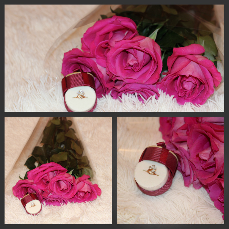 Кольцо и букет роз в коробочке